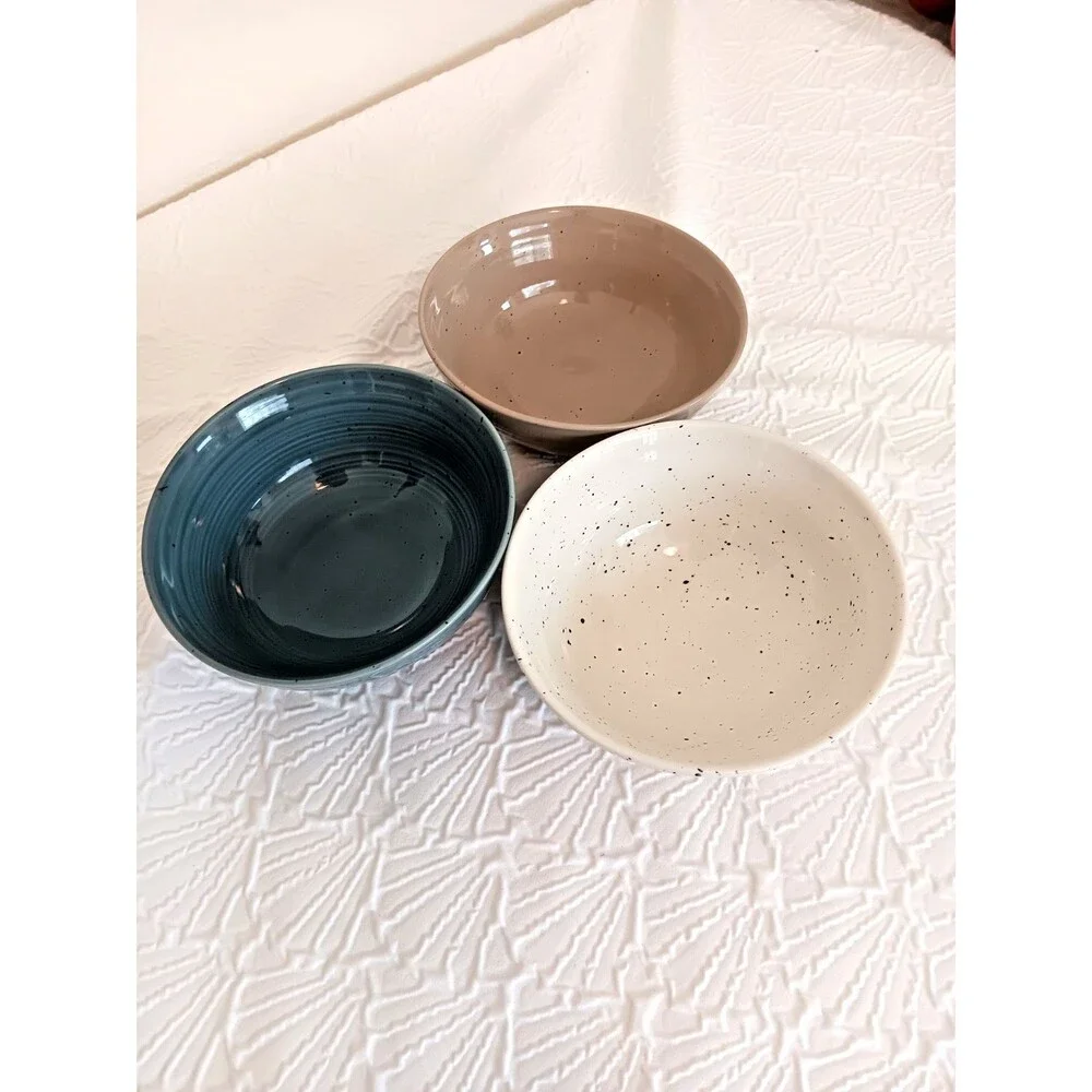 Sango Artist’s Blend Stoneware Salad Bowls Set of 3 Speckled Blue Taupe Cream